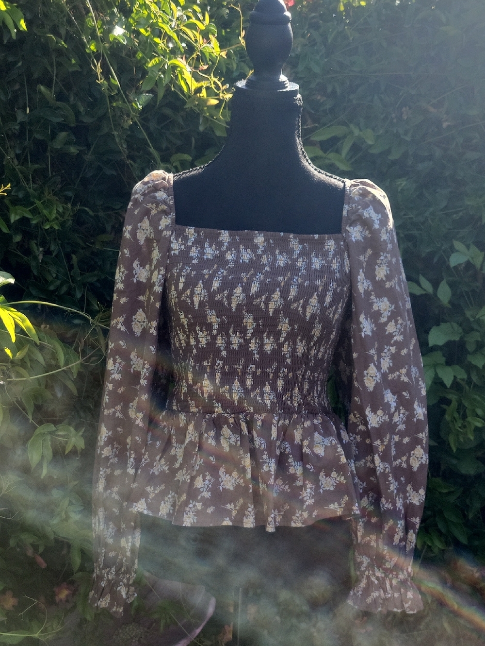 Brown Floral 100% Cotton Puff Sleeve Stretchy Boho Blouse L - Picture 11 of 14